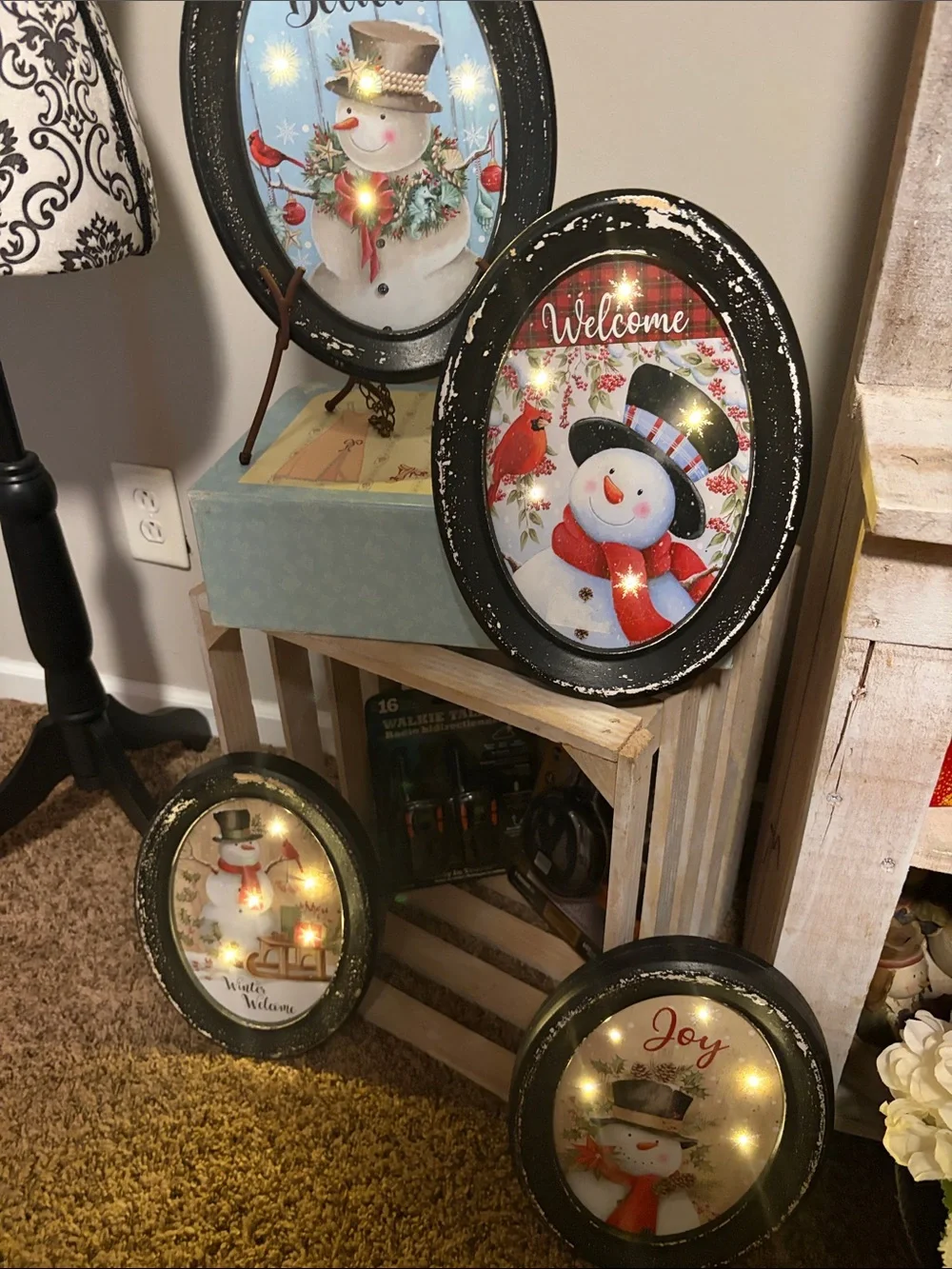 Set of 4 Holiday Snowman Wall Light Up Art Set - Black Frame